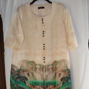 ELENYUN Short Sleeve Sheer SILK & LINEN Blend Button Down TUNIC Top Sz M